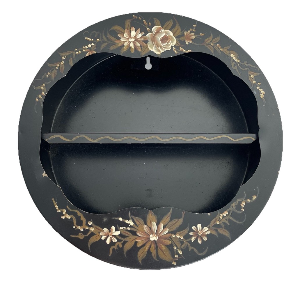 MCM Black Round Tole Curio Hanging Shelf Hand Painted Metal 11.5 x 11.5″