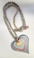 Cottagecore Blue Pink Wood Hearts Rabbit Hang Decor Braided Fabric Vtg Necklace