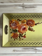 VTG Toleware Nashco Metal Rectangle Green Hand Paint Floral Tray Handles 22” L