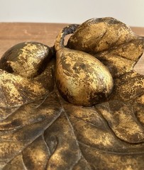 Vintage Gilt Gold Cast Metal Embossed Fig Fruit Leaf Shaped Trinket Dish Bowl