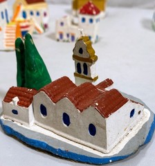 Ceramic Mini Greek Village (8) Houses Church Boat Handmade Hand-Painted