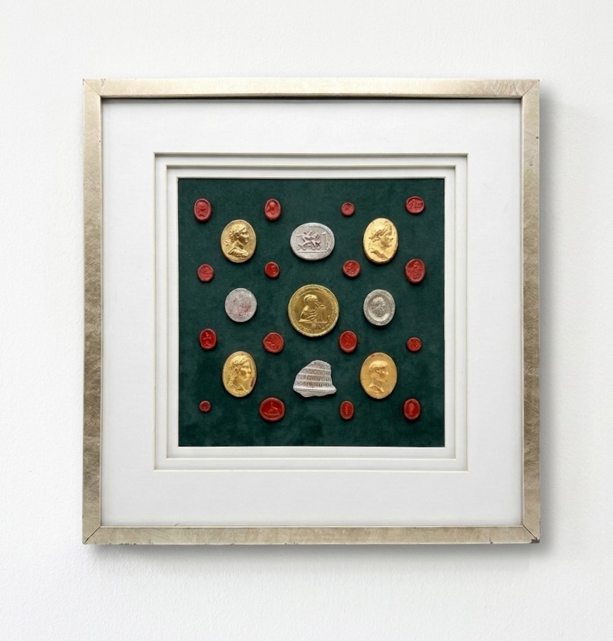 Grand Tour Neoclassical Gilded & Red Plaster Intaglio Set in Silvered Frame
