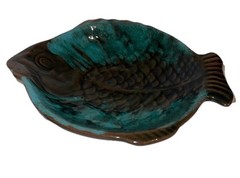 Vintage 😊 Redware Pottery Unbranded Fish Trinket Dish Brown & Aqua Glaze