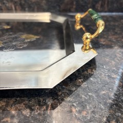 Vintage Serving Platter Inox 15/10 Steel with Green Gold Italy Beautiful Tray