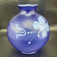 Vintage Bohemian Hand Blown Art Glass Enameled Flower Paint Vase Bowl Blue VTG