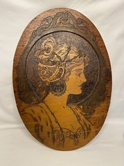 Vintage Art Nouveau Oval Wood Carved Pyrography Victorian Lady