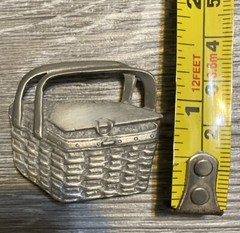 Vintage 1990s Longaberger Picnic Basket w/Handles Up Pewter Magnet 1.5” X 1.5”