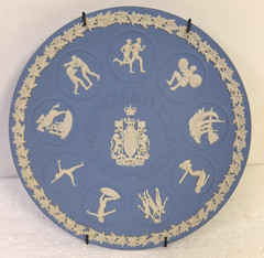 Wedgwood Assorted Lot Of 9 Pieces Blue Jasperware Montreal Olympics Plate, Vase