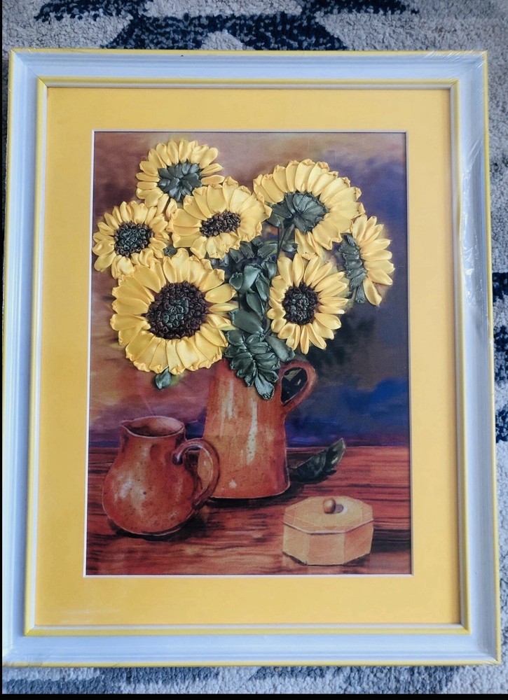 Ukrainian Handmade Silk Ribbon Embroidery Sunflowers Wall Hanging Decor Picture