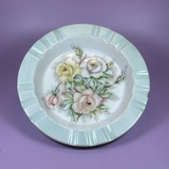 Vintage 1940s Hand Painted Roses 8.75” Ceramic Dish Trinket Bowl Signed