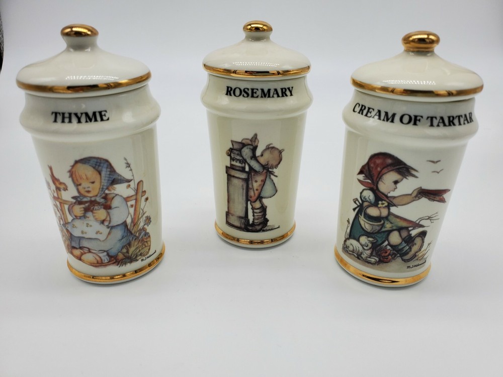 3 1987 Vintage MJ Hummel Porcelain Spice Jars AG Cham Switzerland Thyme Rosemary