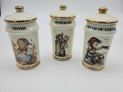 3 1987 Vintage MJ Hummel Porcelain Spice Jars AG Cham Switzerland Thyme Rosemary