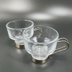 Vintage Espresso Coffee Cups Mugs Glass Steel Handles Clear Glass Small Cups VTG