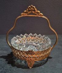 Vintage Ornate Cut Glass Trinket Bowl w/Brass Holder – 5″ Tall- Damage-*READ*