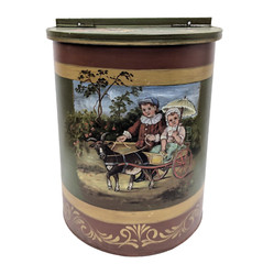 Rare 13″ Primitive Toleware Painted Metal Bin Hangs Storage Children Goat Cart