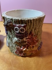 VTG Fitz and Floyd Woodland Fall Scene Owl Squirrel On Tree Stump Warmer EUC