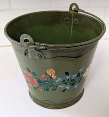 Vintage 1980 Green Toleware Metal Bucket With Hand Painted Flowers Signed