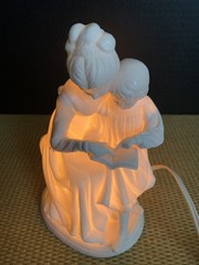 Porcelain Parian Ware Mother & Child Figure Reading Night Light White Works