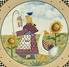 Williraye Studio Plate Girl Holding Birdhouse 1999 Fall Sunflowers Farm Goose
