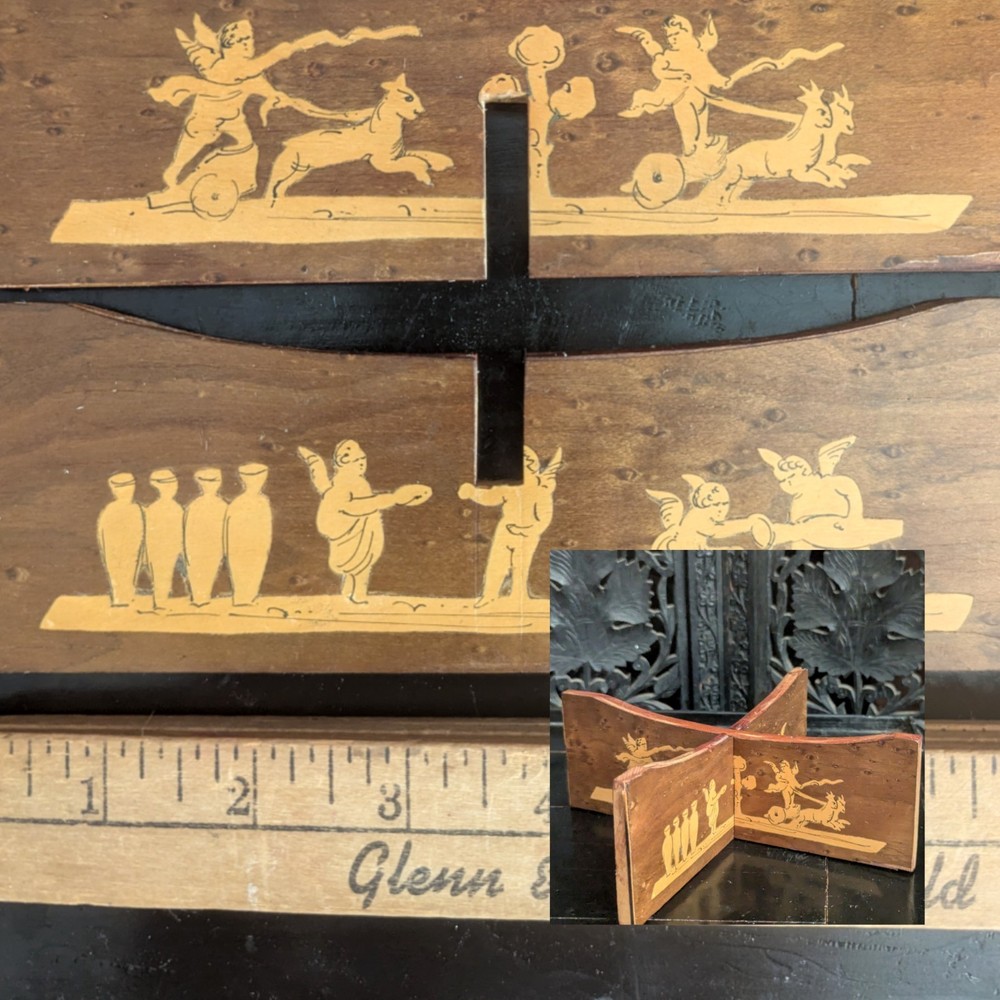 Vtg Marquetry Inlay Wooden Stand Greco Roman Mythology Art Display Base Cherub