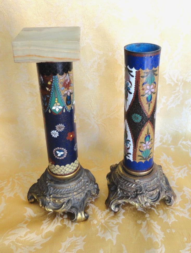 Pair of Antique Japanese Cloisonne Columns W/ Gilt Bases & Onyx Top Meiji c.1900