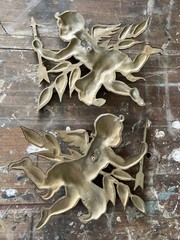 Rare 1960s Vintage Sexton Gold Painted Metal Cherub Angels Set of 2 Wall Decor