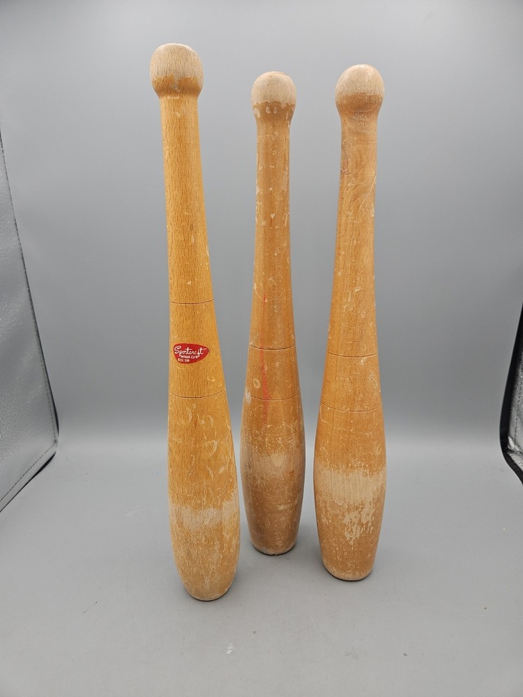 Antique Juggling Pins Wood Exercise Clubs Sportscraft Indian Club VTG Lot Of 3