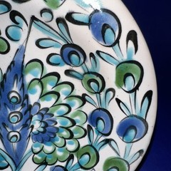 VINTAGE 6” IKAROS POTTERY RHODES GREECE WALL PLATE BLUES GREENS FLORAL FEATHER