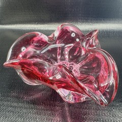 Hand Blown Bohemian Cranberry Art Glass Dish Bowl Folded Edges Original Sticker