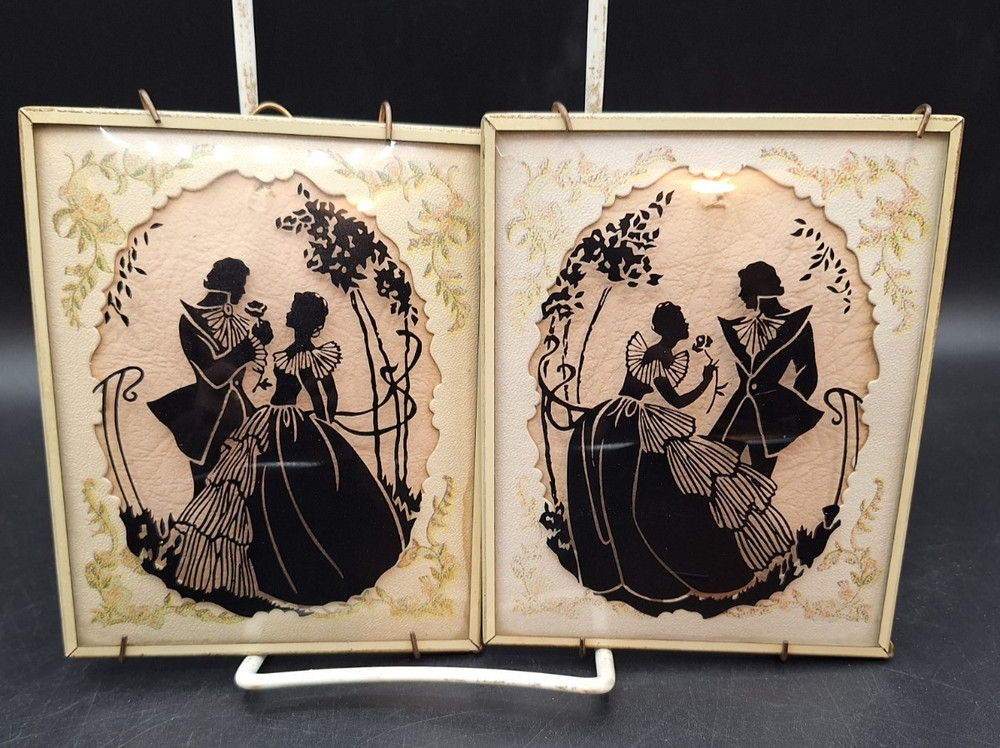 Vtg Pr of Victorian Convex Reverse Painted Bubble Glass Silhouettes Leather Mats