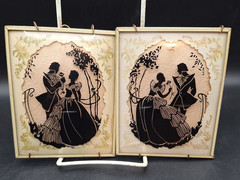 Vtg Pr of Victorian Convex Reverse Painted Bubble Glass Silhouettes Leather Mats
