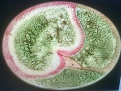 Antique Majolica Begonia Leaf Tall Pedestal Dish Platter