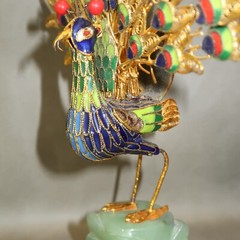 VINTAGE Cloisonne Enamel Peacock Gold Filigree Sculpture Carved Green Stone Base