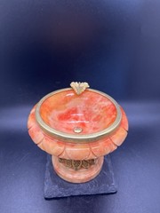 Vintage Alabaster Marble Orange Pedestal Bird Bath, Brass Accents Made Italy