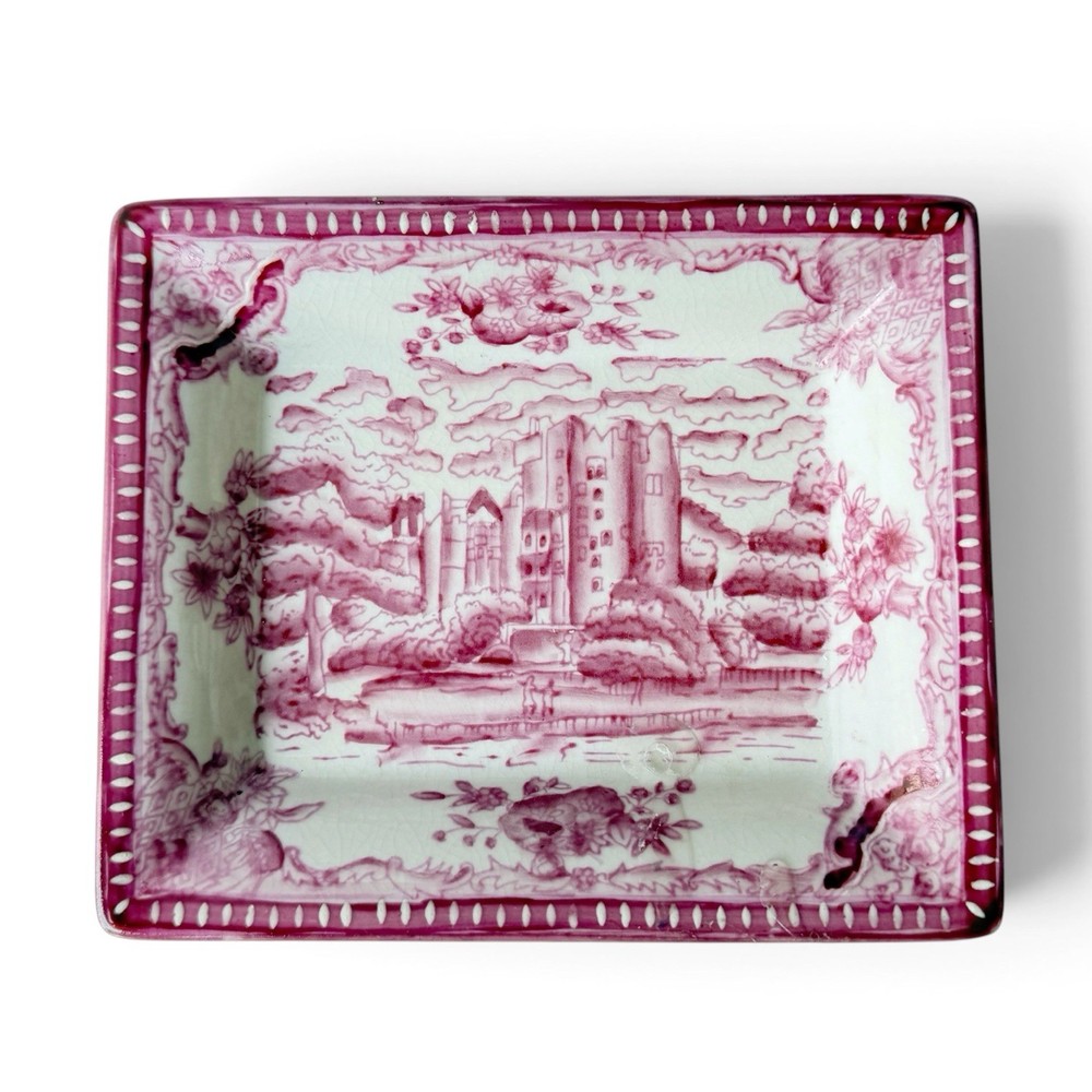 Vintage Old Britain Castles Pink Red Transferware Style Porcelain Trinket Dish