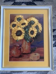 Ukrainian Handmade Silk Ribbon Embroidery Sunflowers Wall Hanging Decor Picture