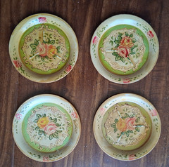 Japan 1940s Hand Painted Occupied Japan Green Pink Roses Small Plates Coasters