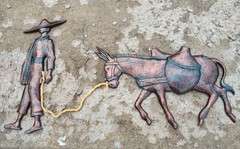 Set Of Two Vintage Mexican Man Donkey Homco Sexton Wall Decor Faux Copper Patina