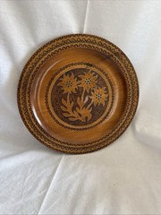 Vintage Carved Wood Plate with Metal Inlay Floral Design Dahlias 11” Wall Decor