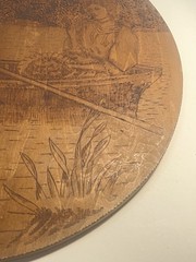 Antique Arts Crafts Flemish Art Pyrography Wood Wall Plaque Nouveau Scene 18 In