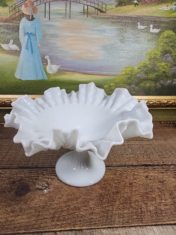 Fenton White Milk Glass Hobnail Ruffled Pedestal Compote Signed VTG, 8″