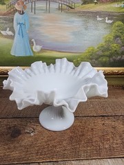 Fenton White Milk Glass Hobnail Ruffled Pedestal Compote Signed VTG, 8″