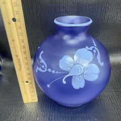 Vintage Bohemian Hand Blown Art Glass Enameled Flower Paint Vase Bowl Blue VTG