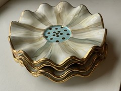 (4pc) Rare Mackenzie Childs Parchment Check Ceramic Fluted Saucers W/ Gold Dots