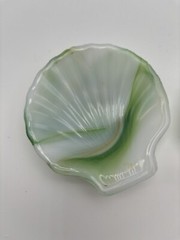 2 Akro Agate Clam Shell Green & Opaque White Swirl Glass Trinket Dish Ashtray