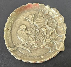 Vintage Art Nouveau Brass Scalloped Round Trinket Dish Impressed Bird Floral…