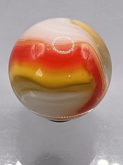 .76″ Akro Corkscrew Popeye Red, Yellow, White Shooter Marble- #CE136