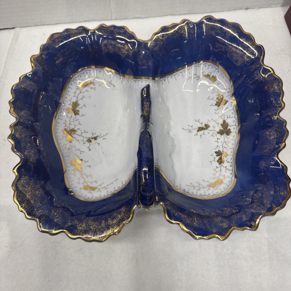 AntiqueGermany Shell Design White, Blue & Gold Divided Handled Serving Dish READ