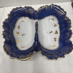 AntiqueGermany Shell Design White, Blue & Gold Divided Handled Serving Dish READ