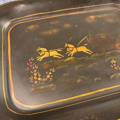 Antique Toleware Tray Hand-painted Metal, Horses & Carriage, Floral, Decor